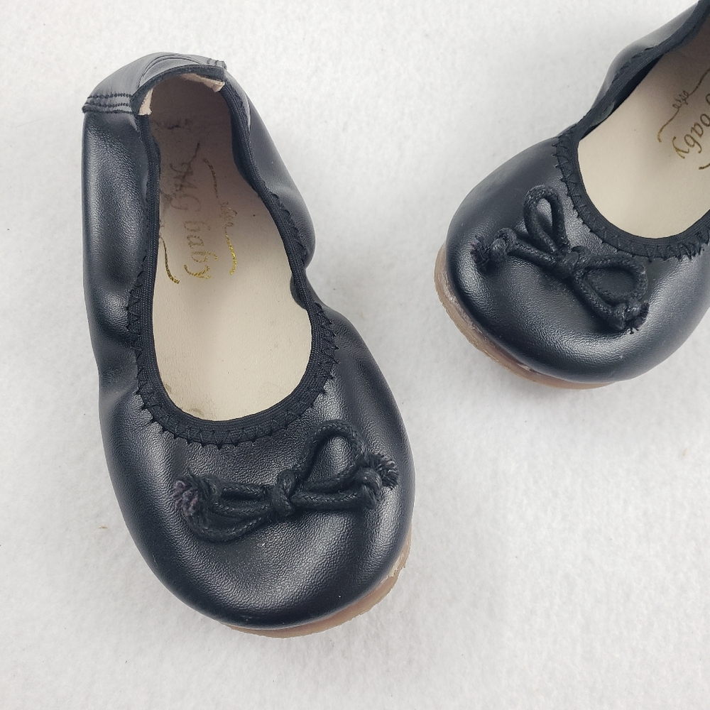 MG Baby Solid Black Leather Bow Toe Ballet Flats Size 25